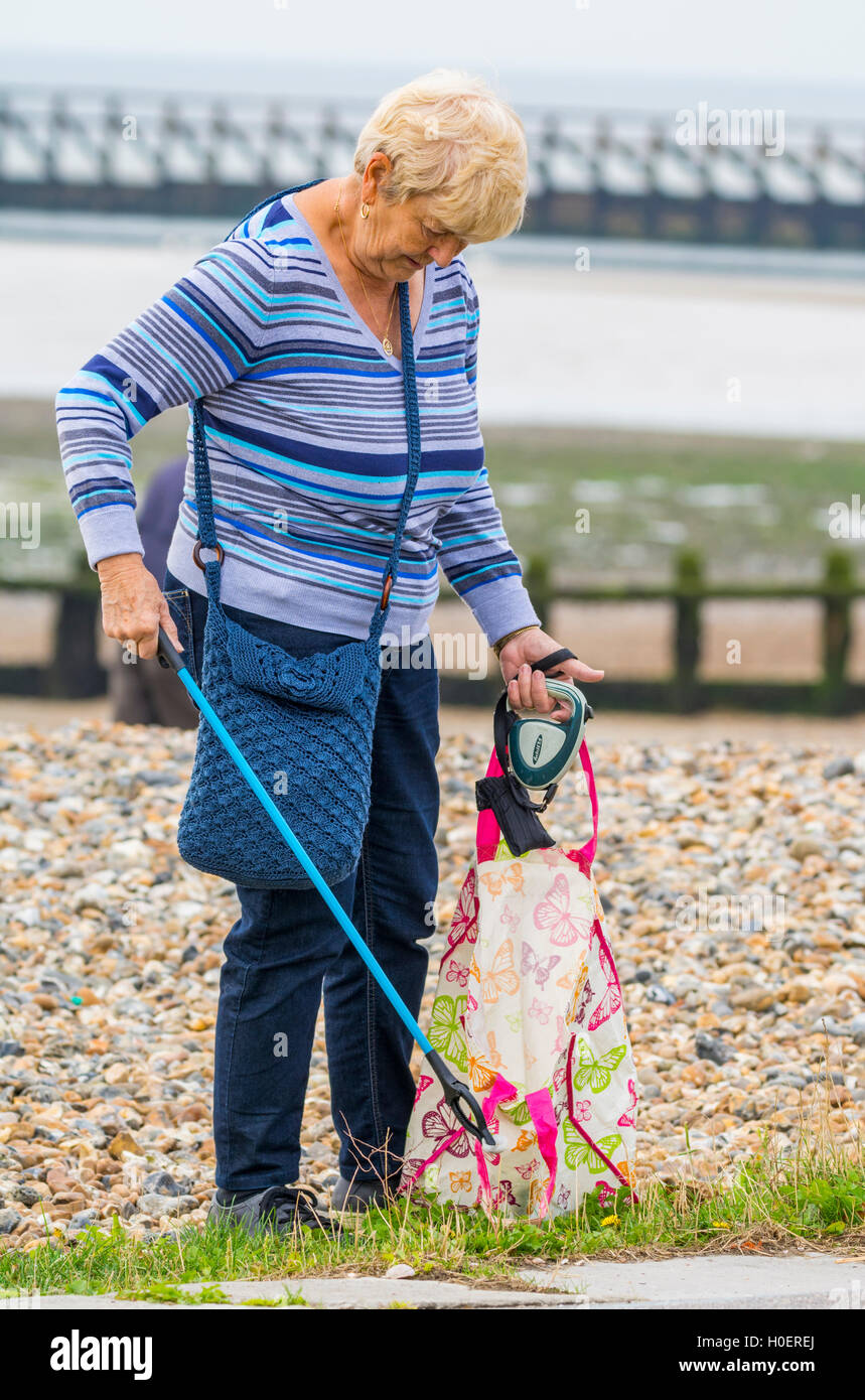 Elderly lady picking up litter from a beach. Stock Photo