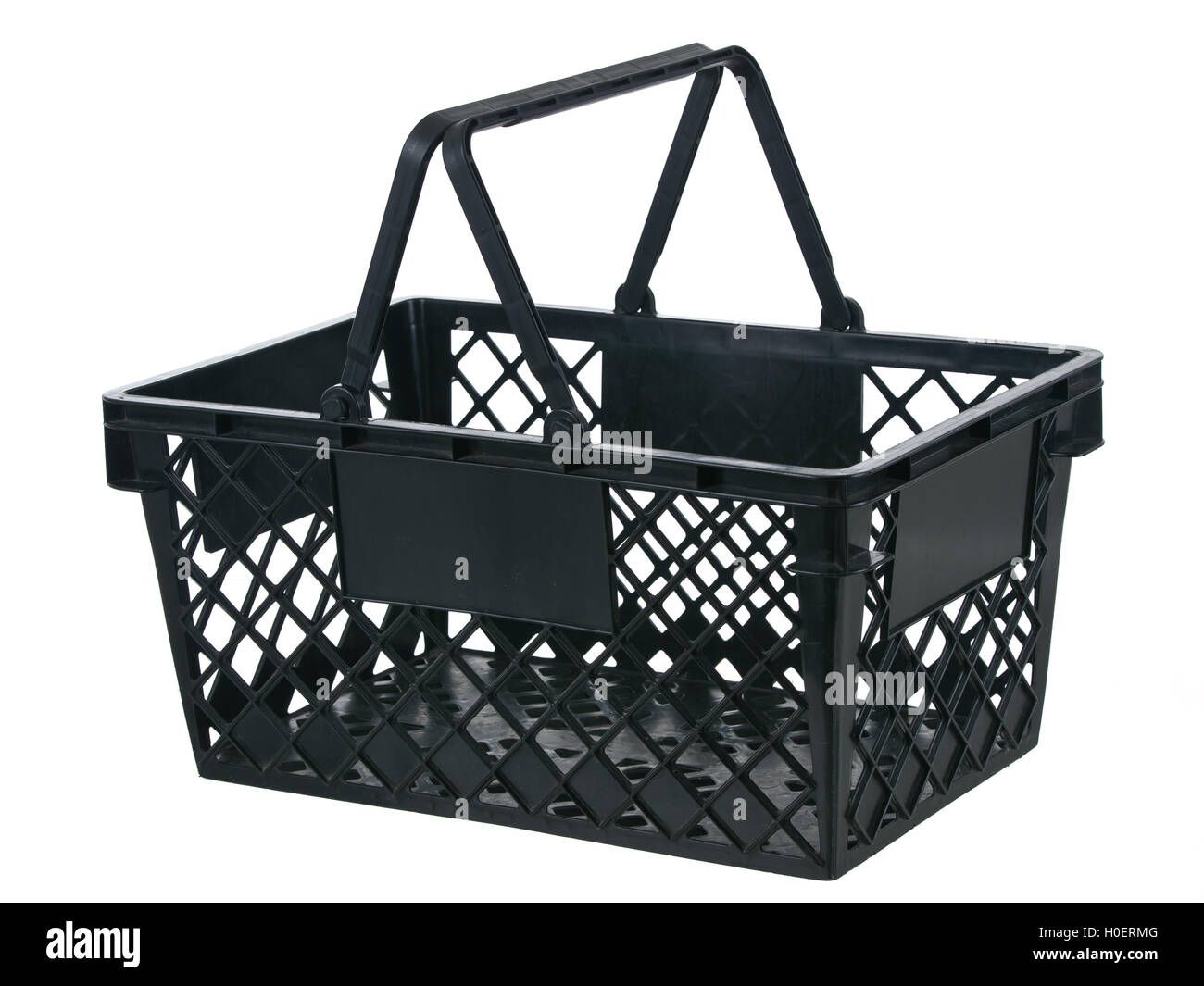 Black plastic basket side view handles up on pure white background Stock Photo