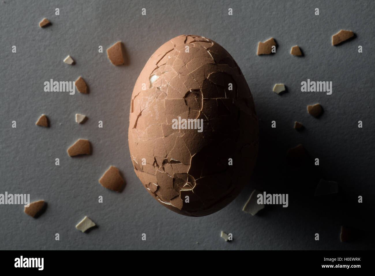 Cracked Brown Egg with Scattered Shell Pieces Stock Photo