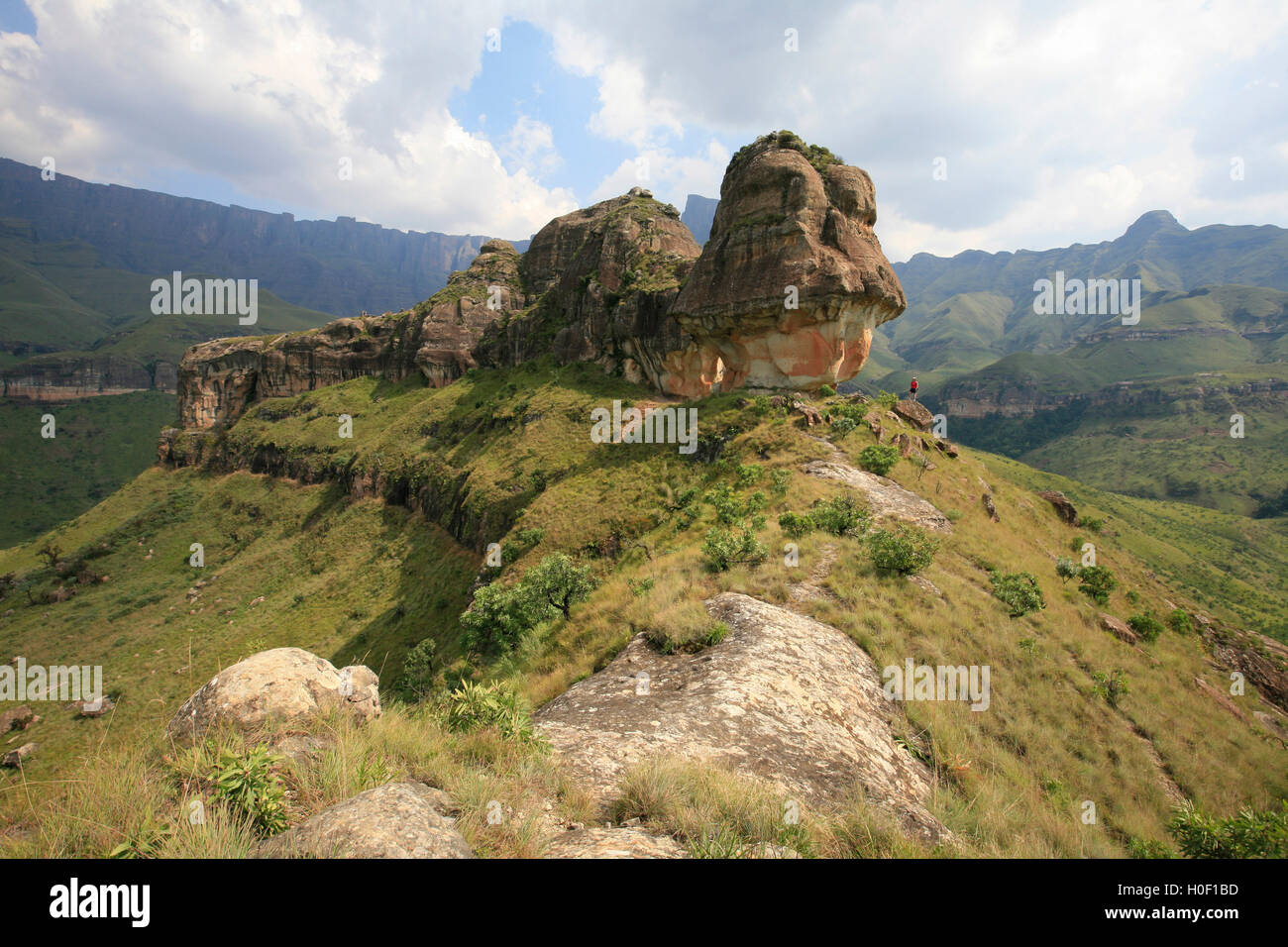 A rock formation in the Drakensberg called the Policemans helmet located near Bergville Stock Photo