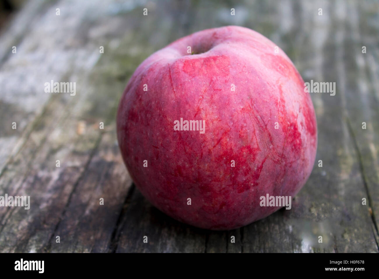 Red apple on wooden table, closeup Stock Photo