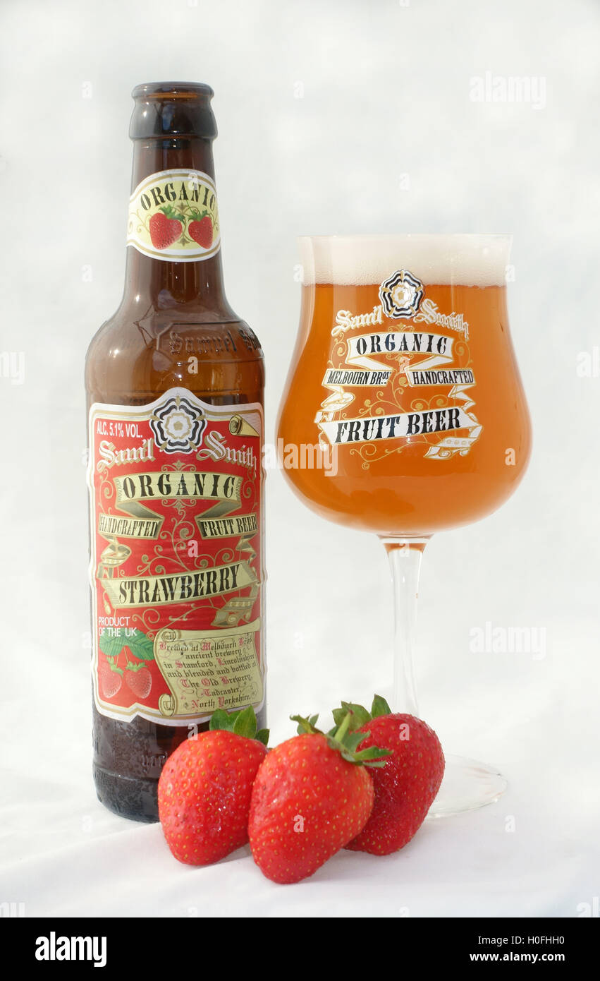 Organic strawberry fruit beer brewed at the Melbourn Bros Brewery in