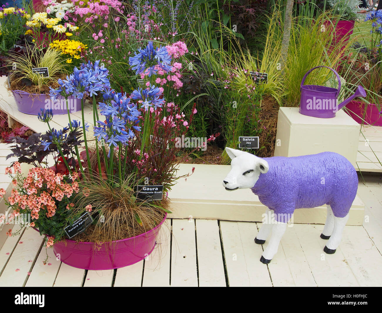 Display of various flowers growing in pots with a lilac fibreglass sheep at Tatton Park Flower Show 2016 in Cheshire, UK. Stock Photo