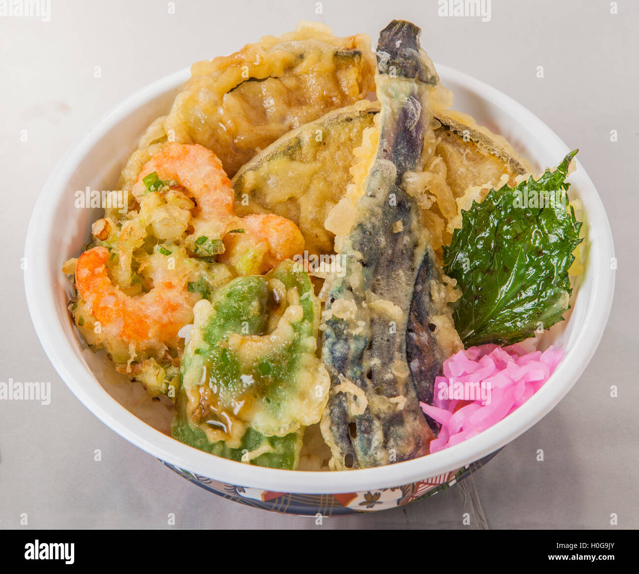 Traditional Japanese vegetables Tendon with tempura in bowl Stock Photo