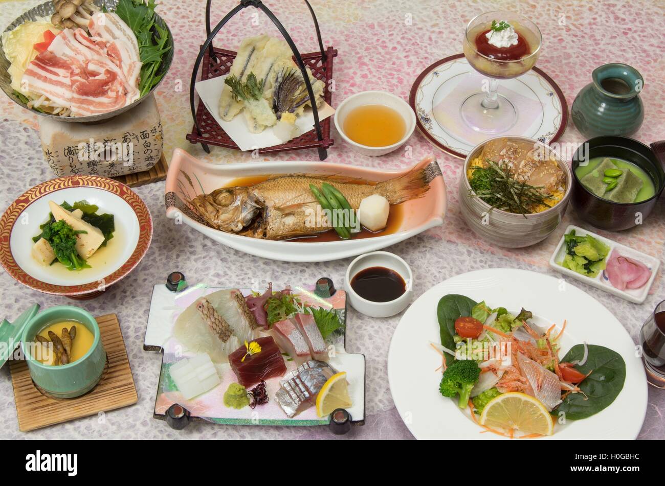 Spring Banquet Kaiseki meal with braised grouper, fresh suhi, miso soup