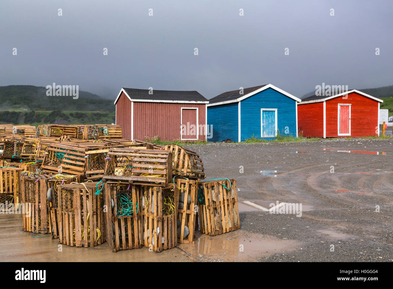 Colorful fishing stages and lobster traps in Trout river, Newfoundland