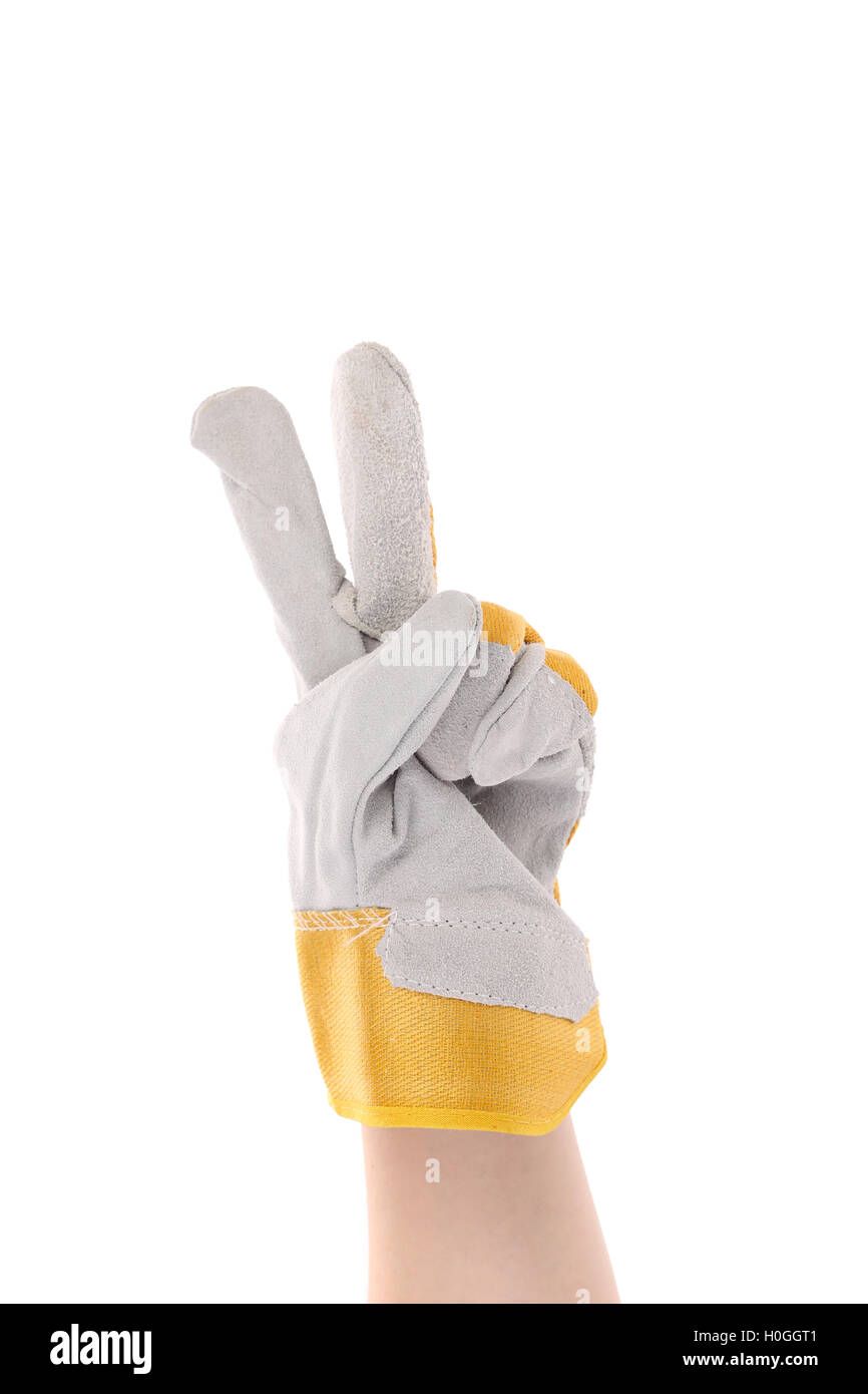 Hand in gloves shows two Stock Photo Alamy