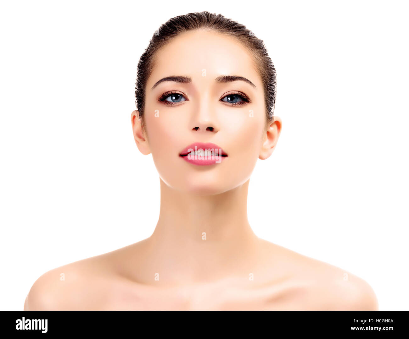 Beautiful young female with clean fresh skin, white background Stock ...