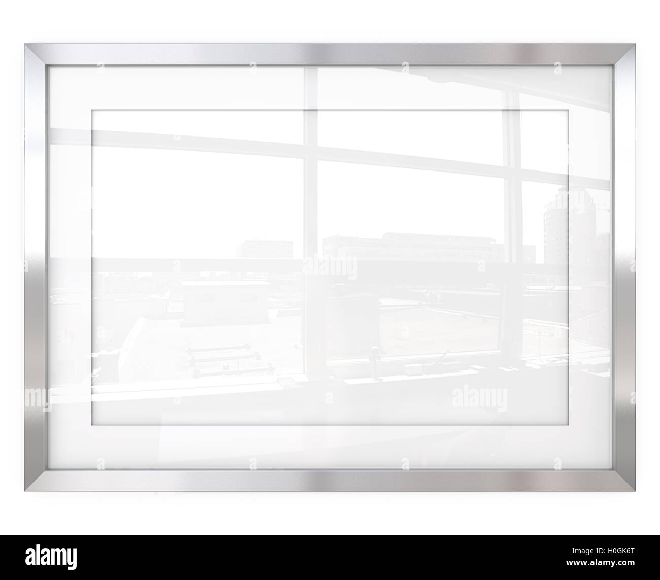3D render of Metal Frame with white Passe-partout. Urban Reflection on Glass. Stock Photo