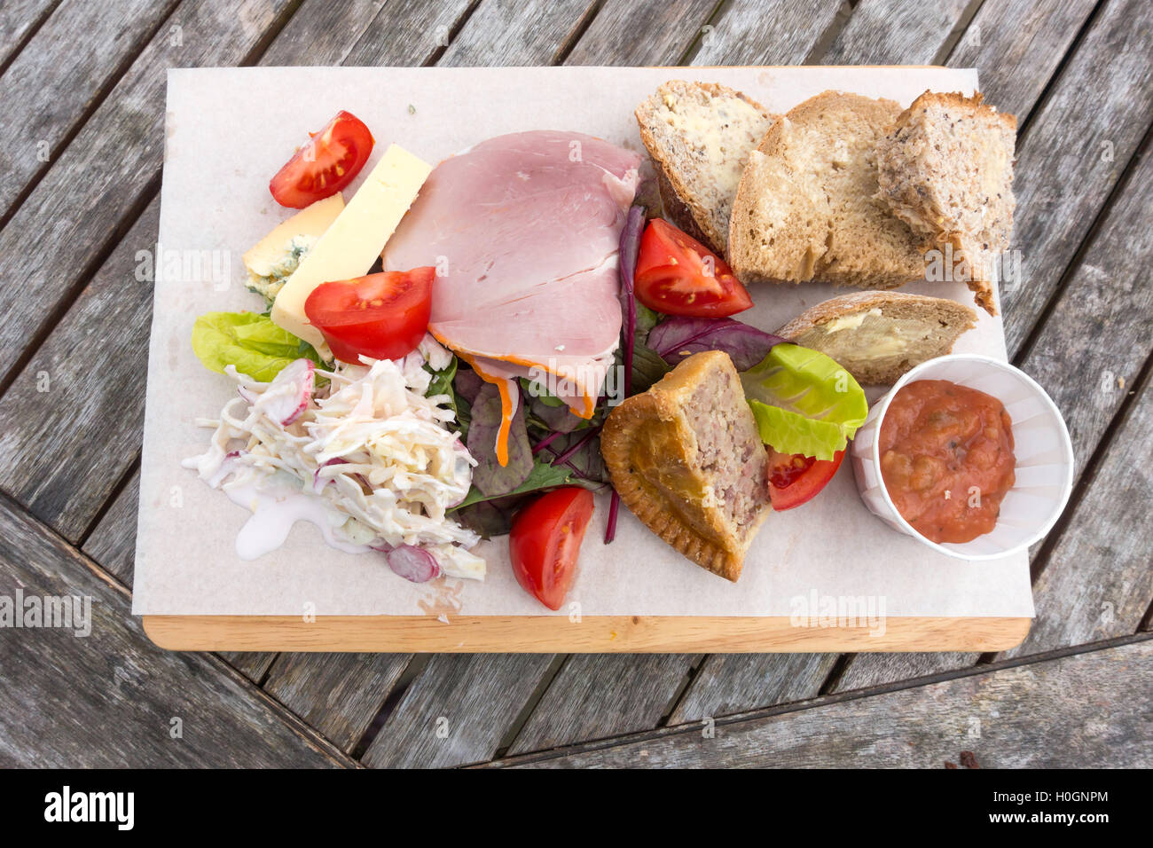 Café lunch Yorkshire Salad with Ham Pork Pie Cheddar and Stilton Cheese