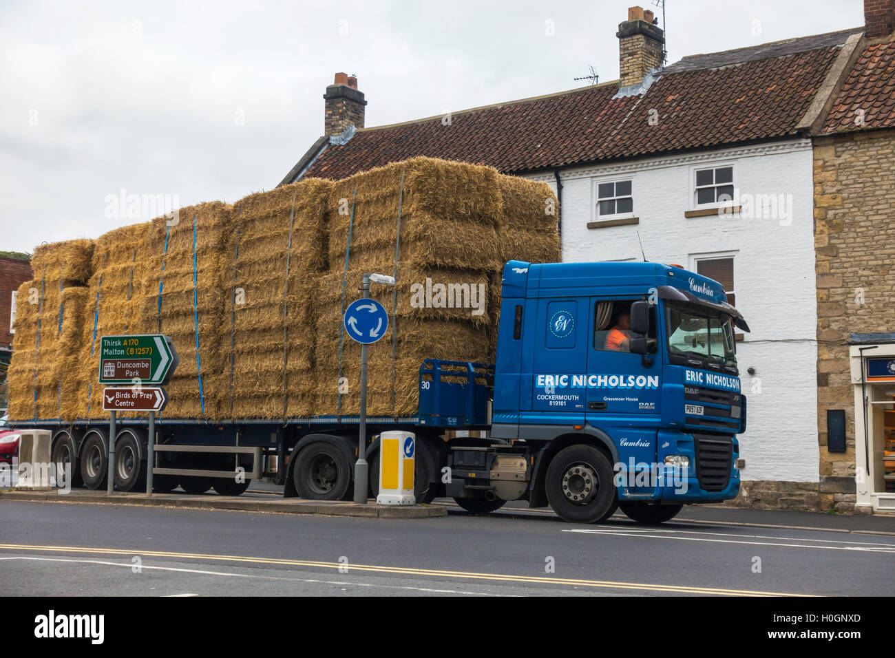 An articulated flat bed lorry loaded with rectangular hay bales passing through a North Yorkshire market town Stock Photo