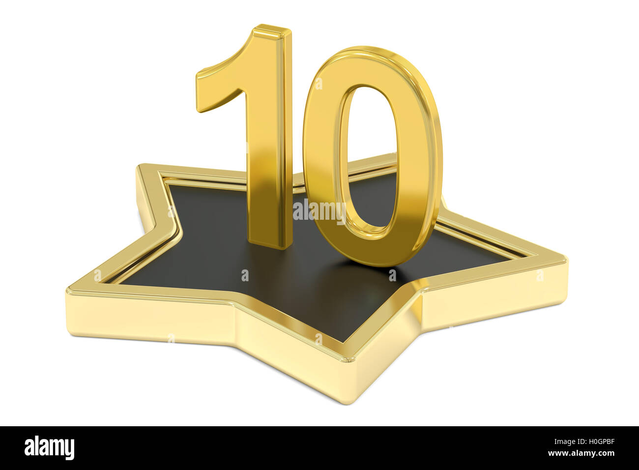 3D golden number 10 on star podium, 3D rendering isolated on white background Stock Photo