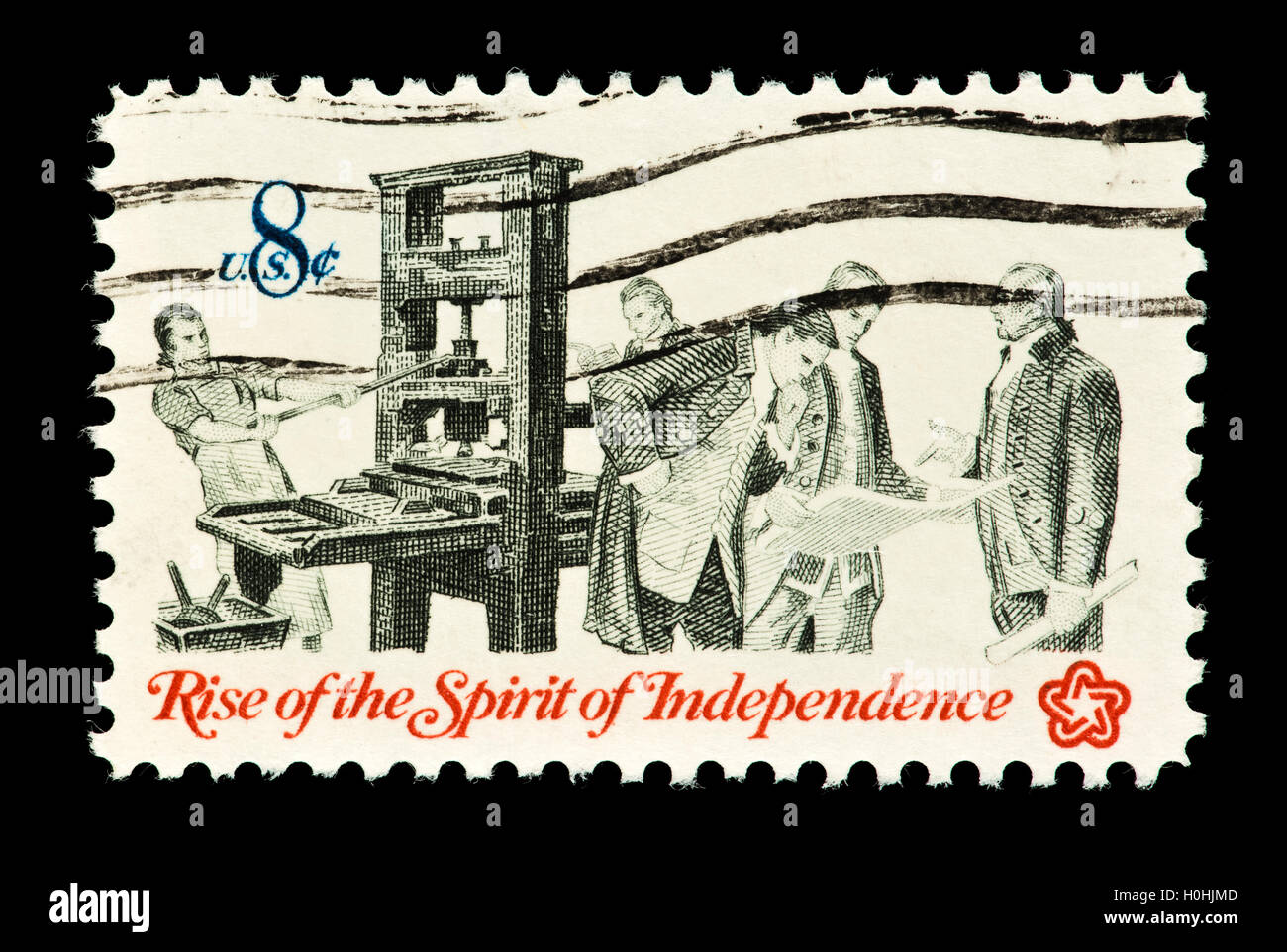 Postage stamp from the United States depicting a printing press and patriots, issued for the American Revolution bicentennial. Stock Photo