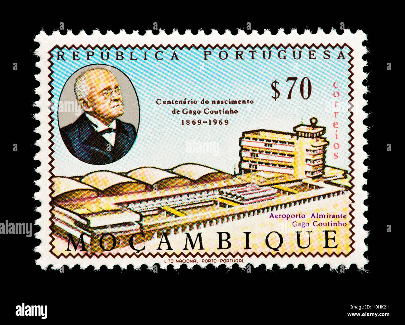 Postage stamp from Mozambique depicting Admiral Coutinho and the Admiral Gago Coutinho Airport. Stock Photo