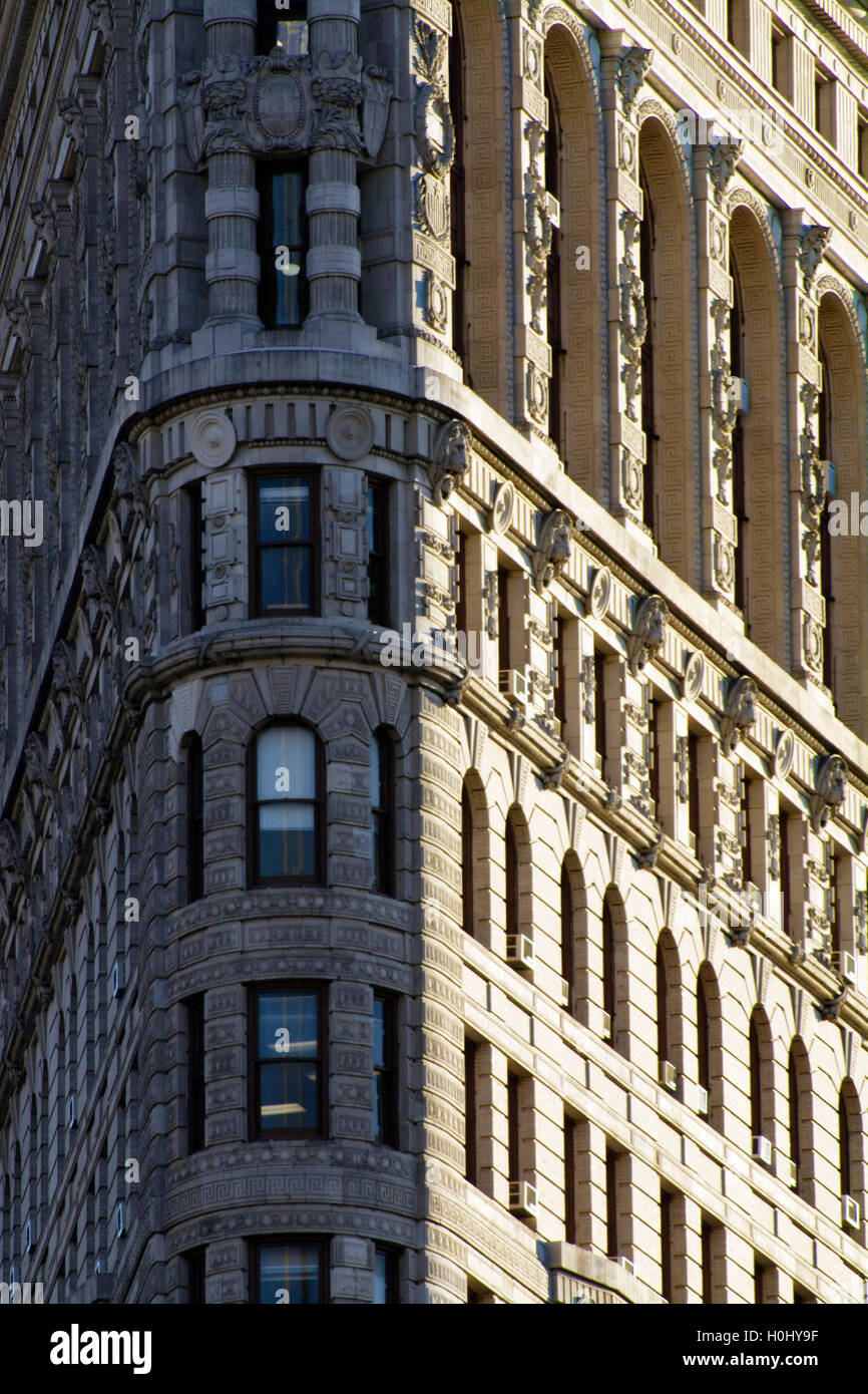 Dramatic Angled Front Facade of Flatiron Building in Manhattan, New York City, NY, USA Stock Photo