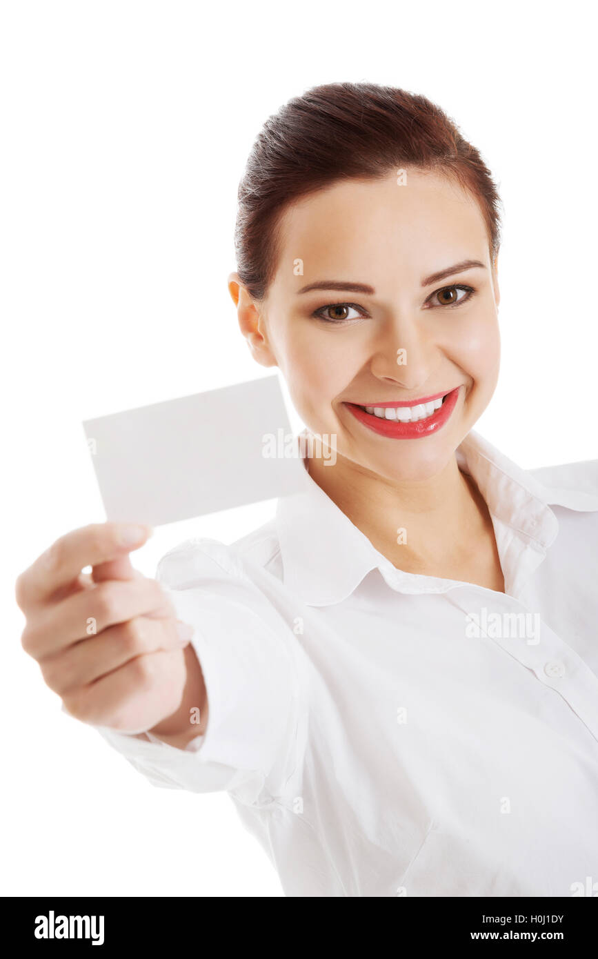 Beautiful business woman holding personal card Stock Photo - Alamy