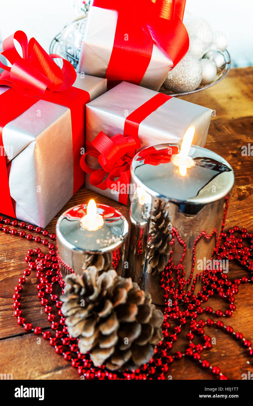 gift boses and candles for christmas Stock Photo