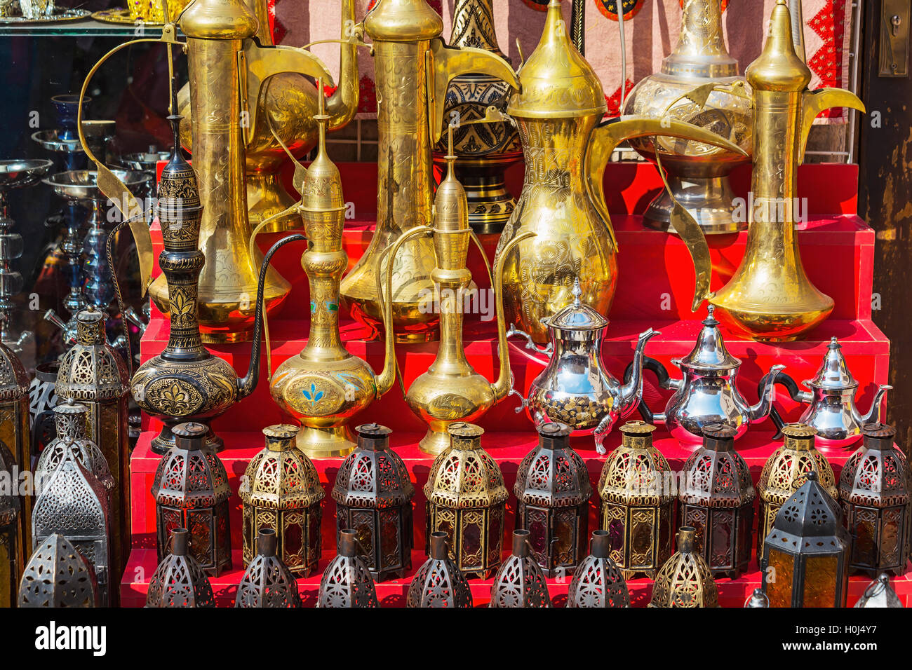 traditional coffee pots and lamps at the souq in Dubai Stock Photo Alamy
