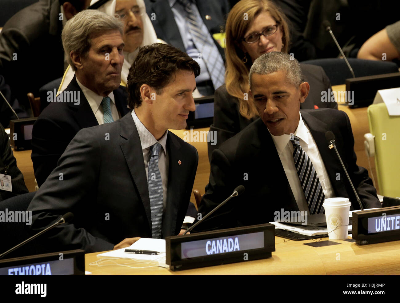 United States President Barack Obama (R) speaks with Canada's Prime Minister Justin Trudeau at a Leaders Summit for Refugees during the United Nations 71st session of the General Debate at the United Nations General Assembly at United Nations headquarters in New York, New York, USA, 20 September 2016. Credit: Peter Foley / Pool via CNP /MediaPunch Stock Photo
