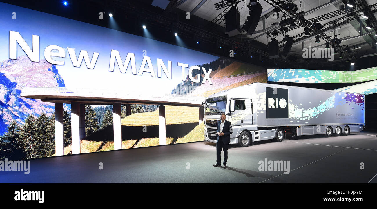 Hanover, Germany. 20th Sep, 2016. VW management board member with responsibility for commercial vehicles, Andreas Renschler, presents the new digital breant 'Rio' at the start of the Volkswagen Truck & Bus Start-Up Night in Hanover, Germany, 20 September 2016. For the first time innovative products, services, and topics from MAN, Scania, Volkswagen Caminhoes e Onibus, and Volkswagen Commercial Vehicles will be presented before the start of the IAA Commercial Vehicle trade fair. Photo: HOLGER HOLLEMANN/dpa/Alamy Live News Stock Photo