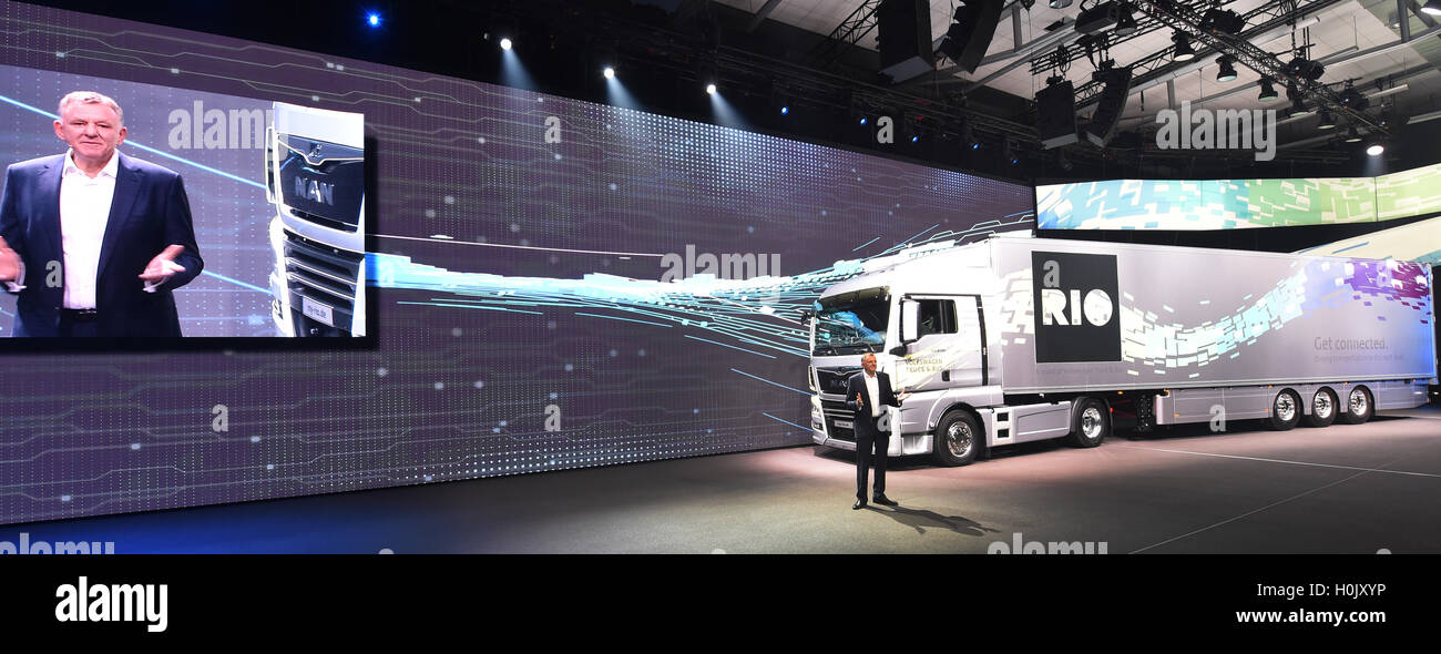 Hanover, Germany. 20th Sep, 2016. VW management board member with responsibility for commercial vehicles, Andreas Renschler, presents the new digital breant 'Rio' at the start of the Volkswagen Truck & Bus Start-Up Night in Hanover, Germany, 20 September 2016. For the first time innovative products, services, and topics from MAN, Scania, Volkswagen Caminhoes e Onibus, and Volkswagen Commercial Vehicles will be presented before the start of the IAA Commercial Vehicle trade fair. Photo: HOLGER HOLLEMANN/dpa/Alamy Live News Stock Photo