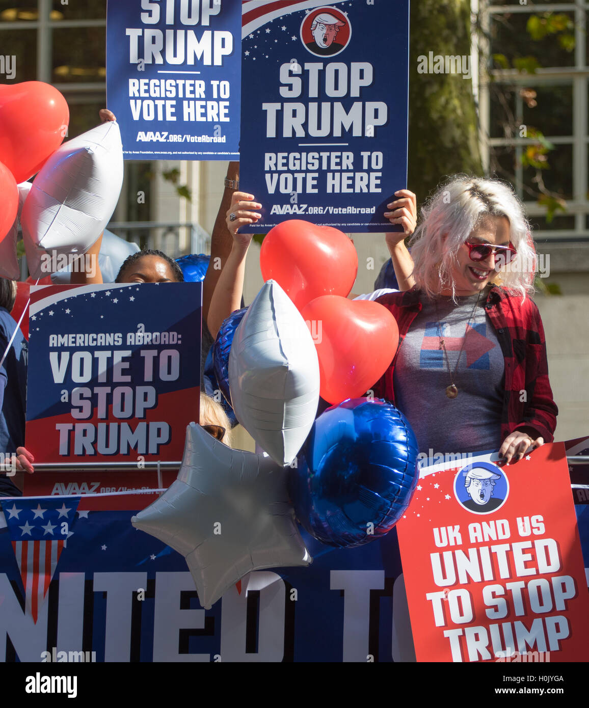 London, September 21st 2016. A "Stop Trump" open topped red London double-decker bus tours central London in a bid to encourage US expats to register to vote, expecting the majority of them to be more inclined to support for Hilary Clinton. Credit:  Paul Davey/Alamy Live News Stock Photo