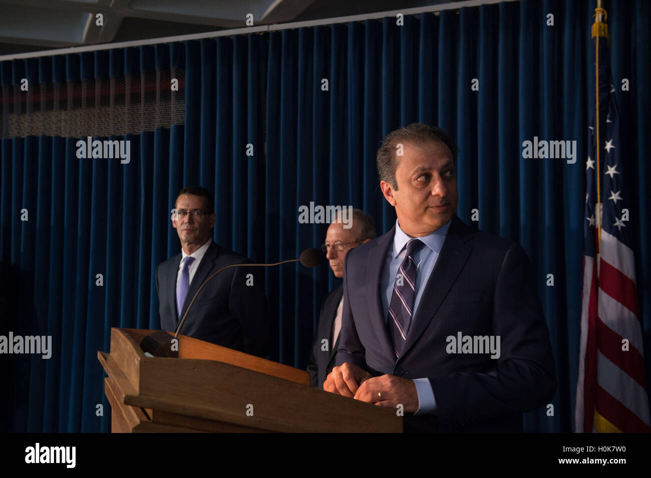 New York, NY, USA. 21st Sep, 2016. PREET BHARARA, U.S. Attorney General for the Southern District of New York, announces criminal civil rights and obstruction charges against five New York State correction officers involved in a November 2013 beating of an inmate at the Downstate Correctional Facility in Fishkill, New York. © Bryan Smith/ZUMA Wire/Alamy Live News Stock Photo