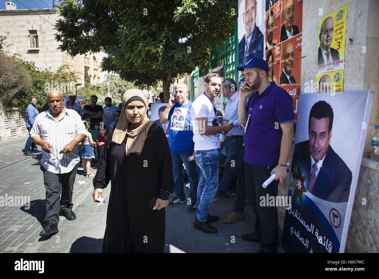 Amman, Amman, Jordan. 20th Sep, 2016. A crowd of supporters and seen outside a polling station at a girls' school in Jebel Amman neighborhood of Amman, Jordan, during parliamentary