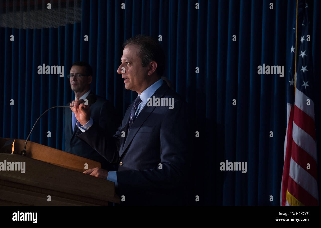 New York, NY, USA. 21st Sep, 2016. PREET BHARARA, U.S. Attorney General for the Southern District of New York, announces criminal civil rights and obstruction charges against five New York State correction officers involved in a November 2013 beating of an inmate at the Downstate Correctional Facility in Fishkill, New York. © Bryan Smith/ZUMA Wire/Alamy Live News Stock Photo