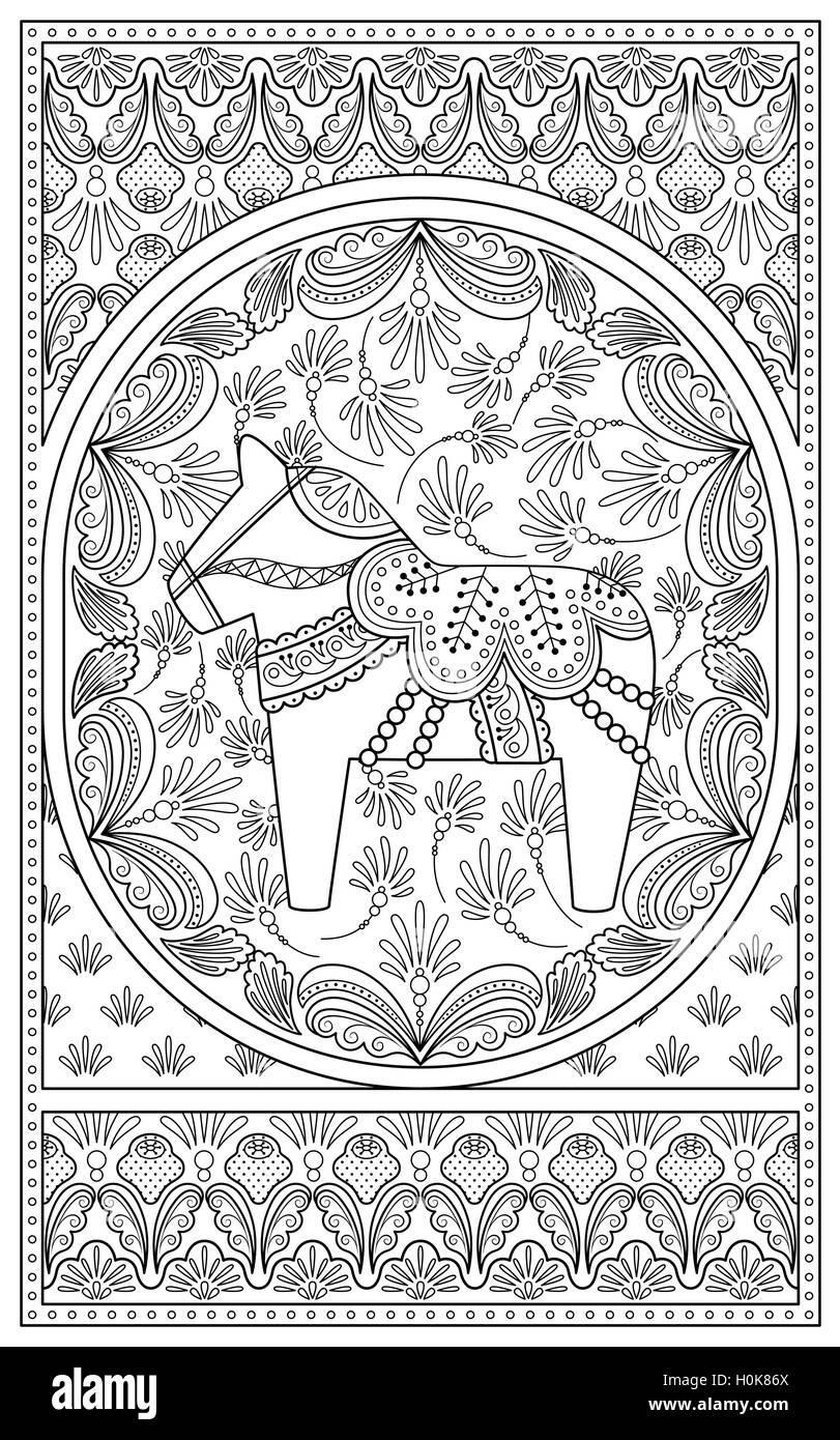 Elegant adult coloring page, retro rocking horse with floral decorations, anti-stress patten for coloring Stock Vector