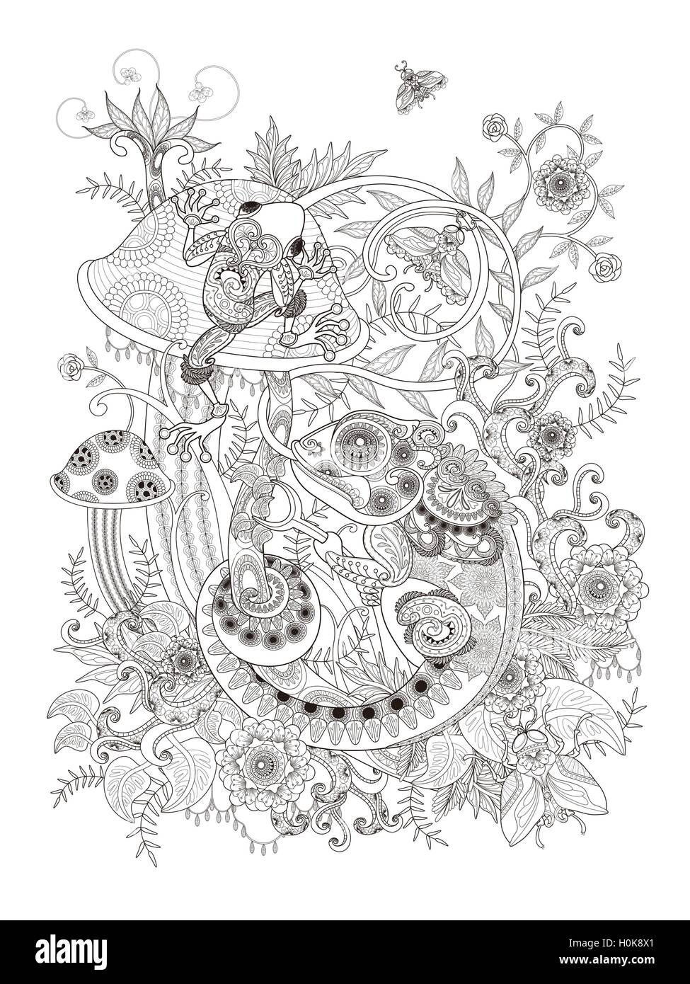 Gorgeous adult coloring page, frog and chameleon on mushroom, anti ...