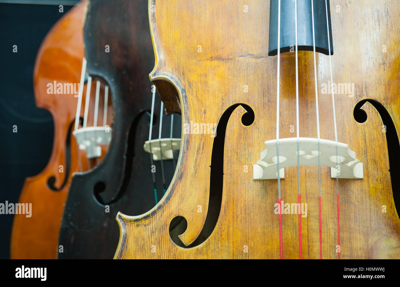 Three double bass detail in a row selective focuse on light brown, black and dark brown one Stock Photo
