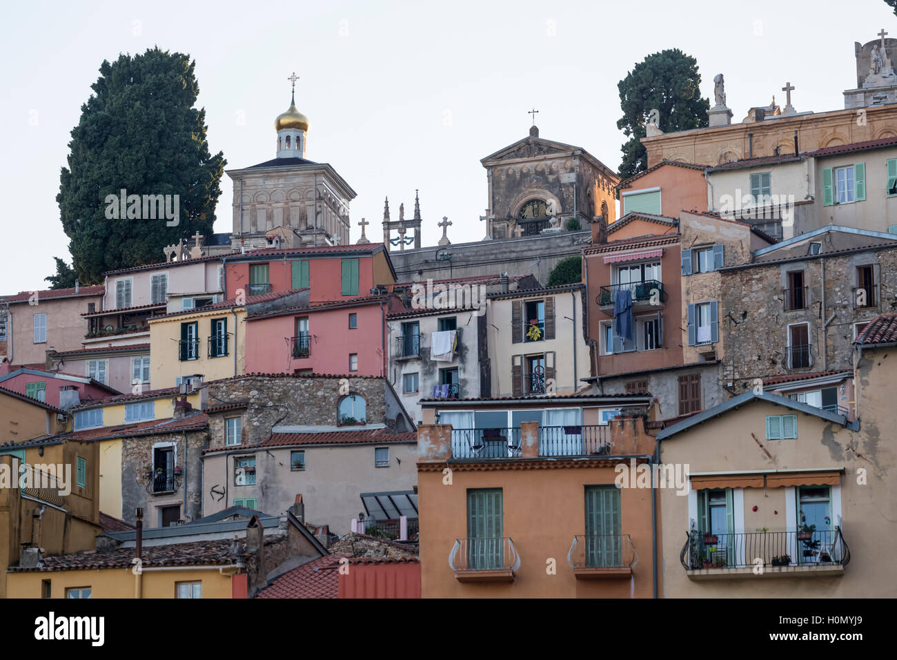 Long view of Menton, AlpesMaritimes, France, at sunset Stock Photo Alamy