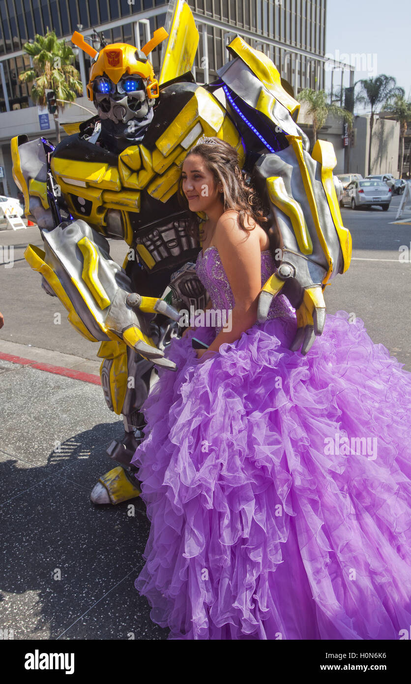 Girl in quinceanera dress on Hollywood Boulevard, Hollywood, Los