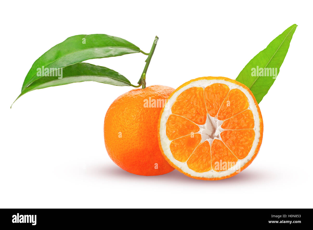tangerine or mandarin fruit whole and cut in half with green leaves