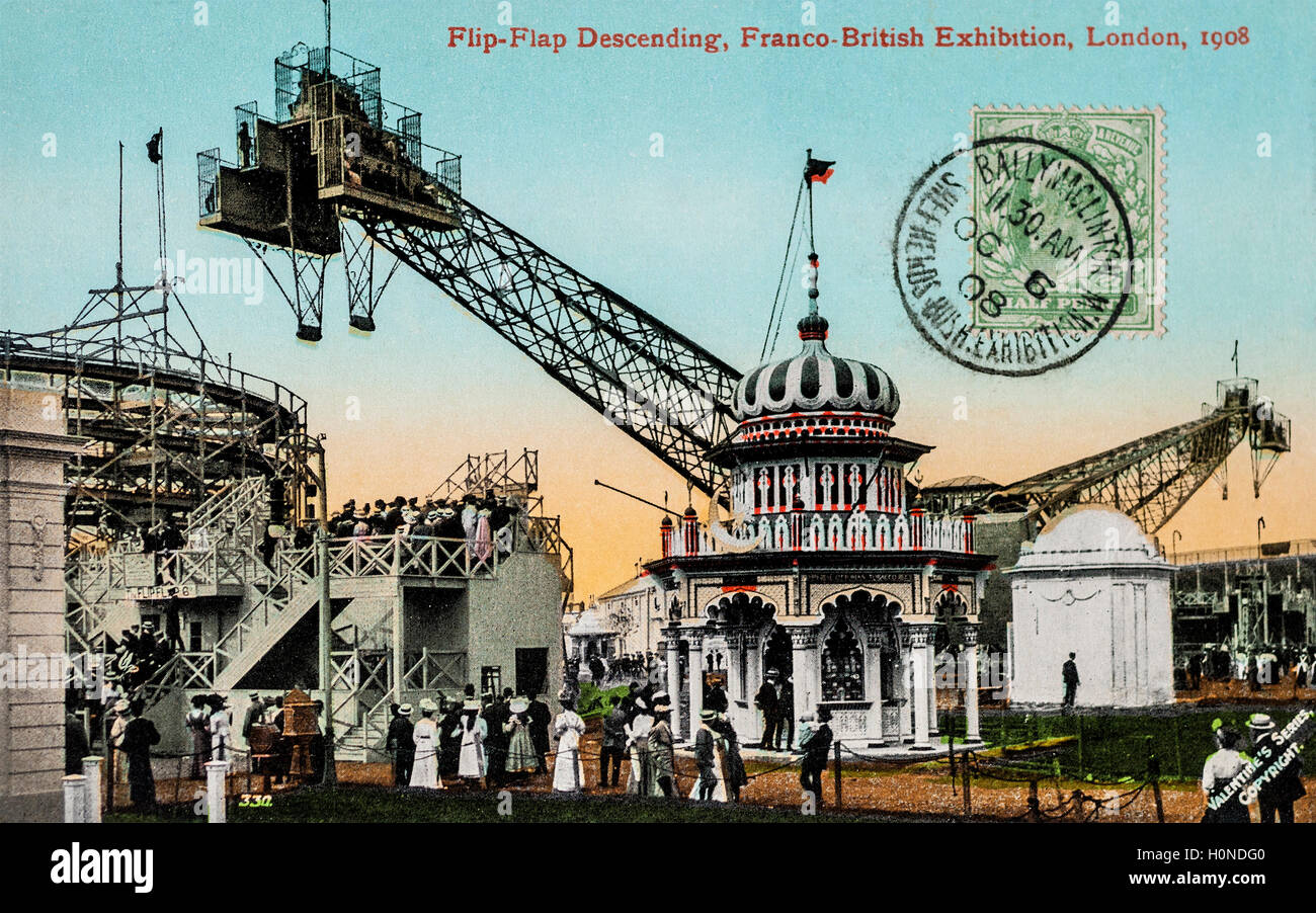 Early 20th century souvenir “Flip-Flap” postcard from Franco-British Exhibition, UK. Stock Photo