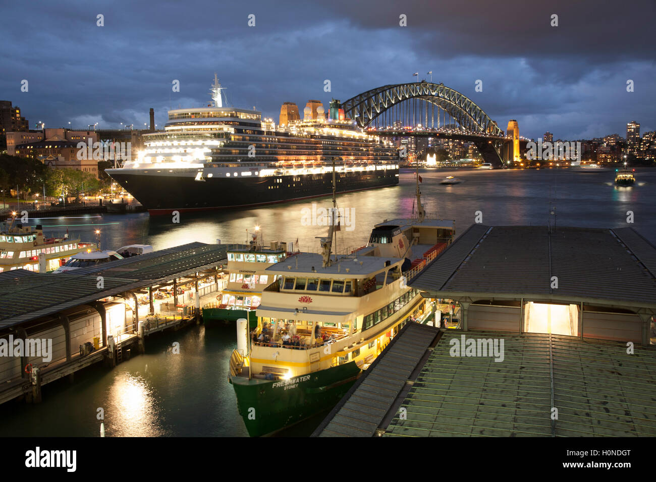 The MS Queen Elizabeth is a Vista-class cruise ship berthed at the Overseas Passenger Terminal Sydney Australia Stock Photo