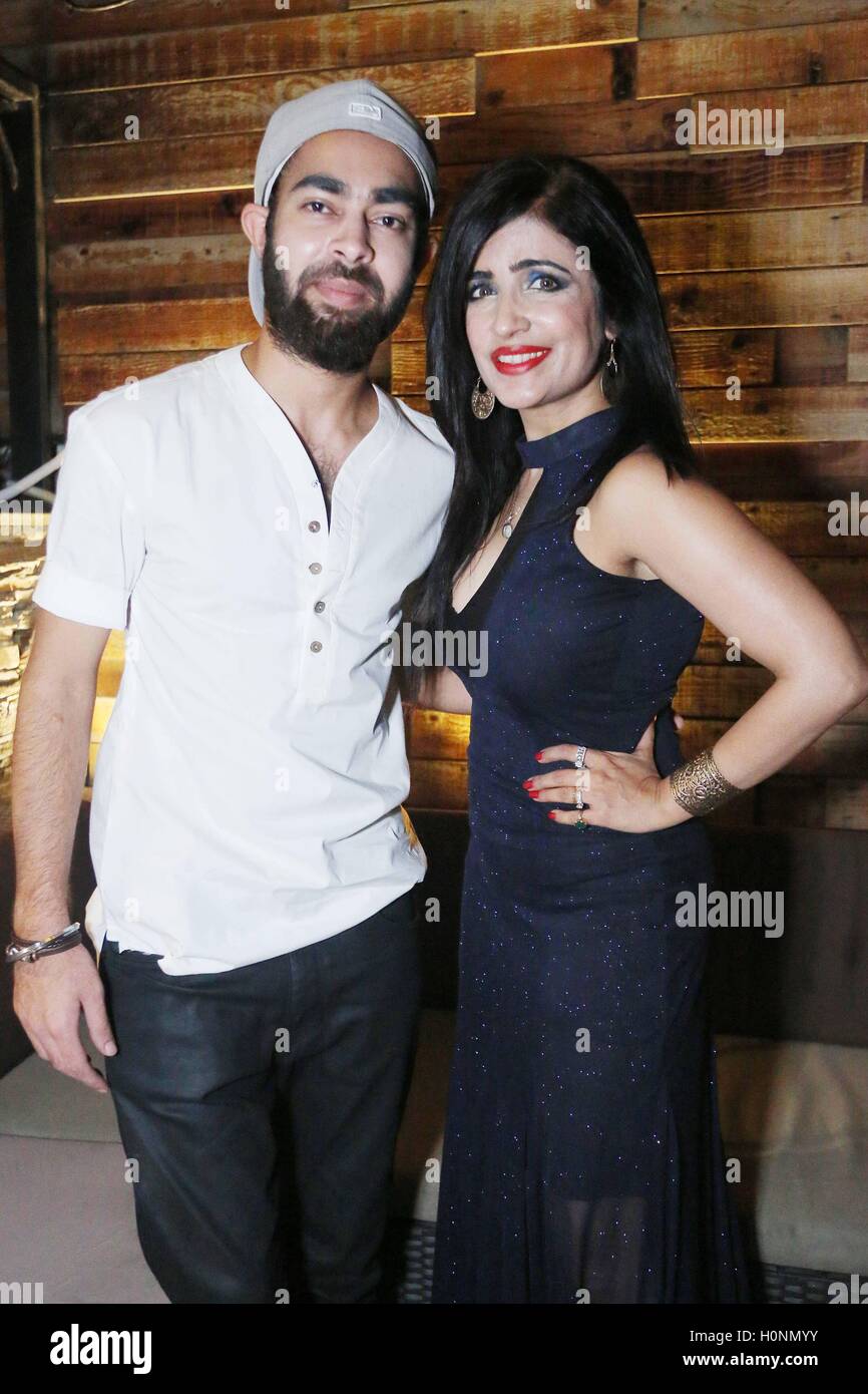 Bollywood personalities, playback singer Shibani Kashyap (R) with actor Manjot Singh at the Drunk House, in New Delhi Stock Photo