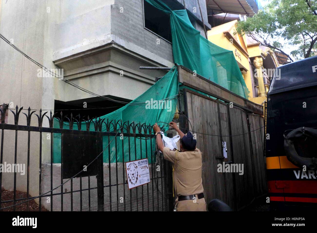 Police security being beefed up outside stand-up comedian Kapil Sharma's office in Versova Mumbai India on September 12, 2016 Stock Photo