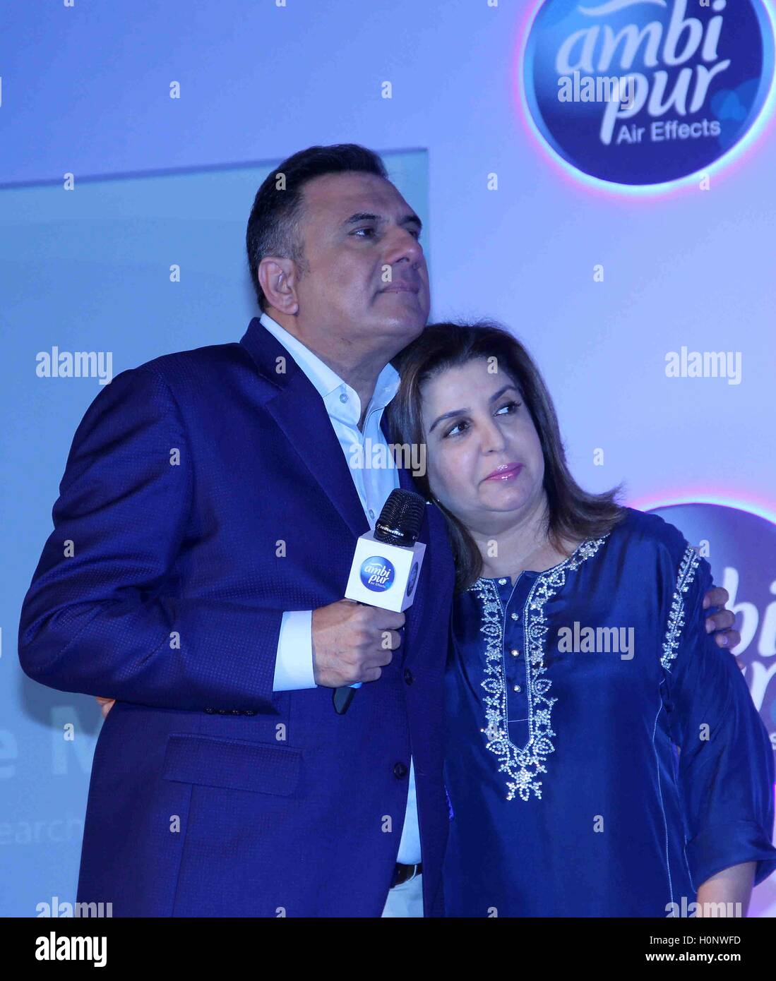 Bollywood actor Boman Irani and filmmaker Farah Khan during a promotional event by Ambi Pur, in Mumbai, India Stock Photo