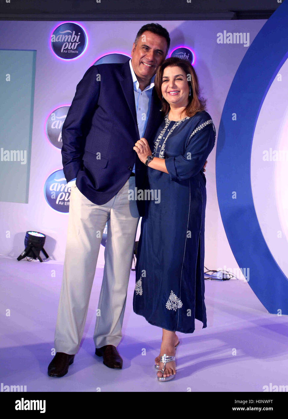 Bollywood actor Boman Irani and filmmaker Farah Khan during a promotional event by Ambi Pur, in Mumbai, India Stock Photo