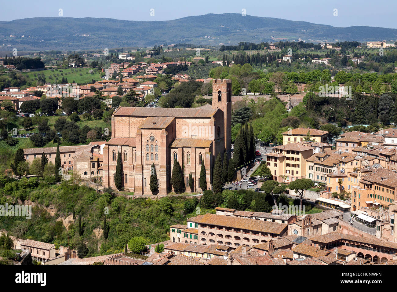 View of Basilica of San Domenico from Torre del Mangia, Siena, Province of Siena, Tuscany, Italy Stock Photo
