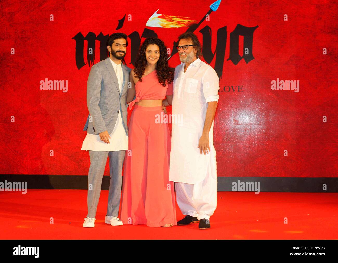 Bollywood filmmaker Rakeysh Omprakash Mehra actors Harshvardhan Kapoor and Saiyami Kher music launch film Mirzya in Mumbai Stock Photo