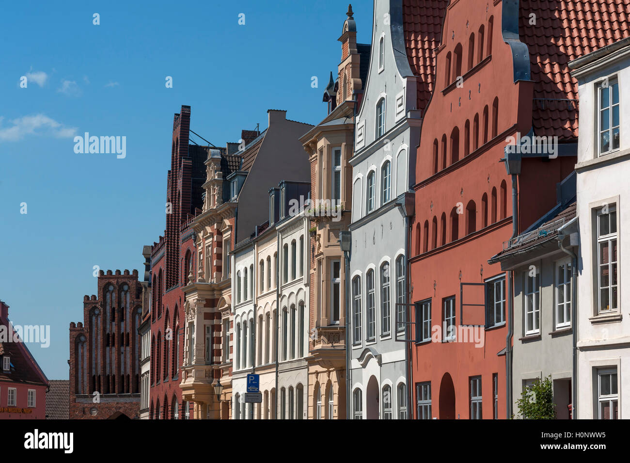 Facades from different eras, Wismar, Mecklenburg-Western Pomerania, Germany Stock Photo
