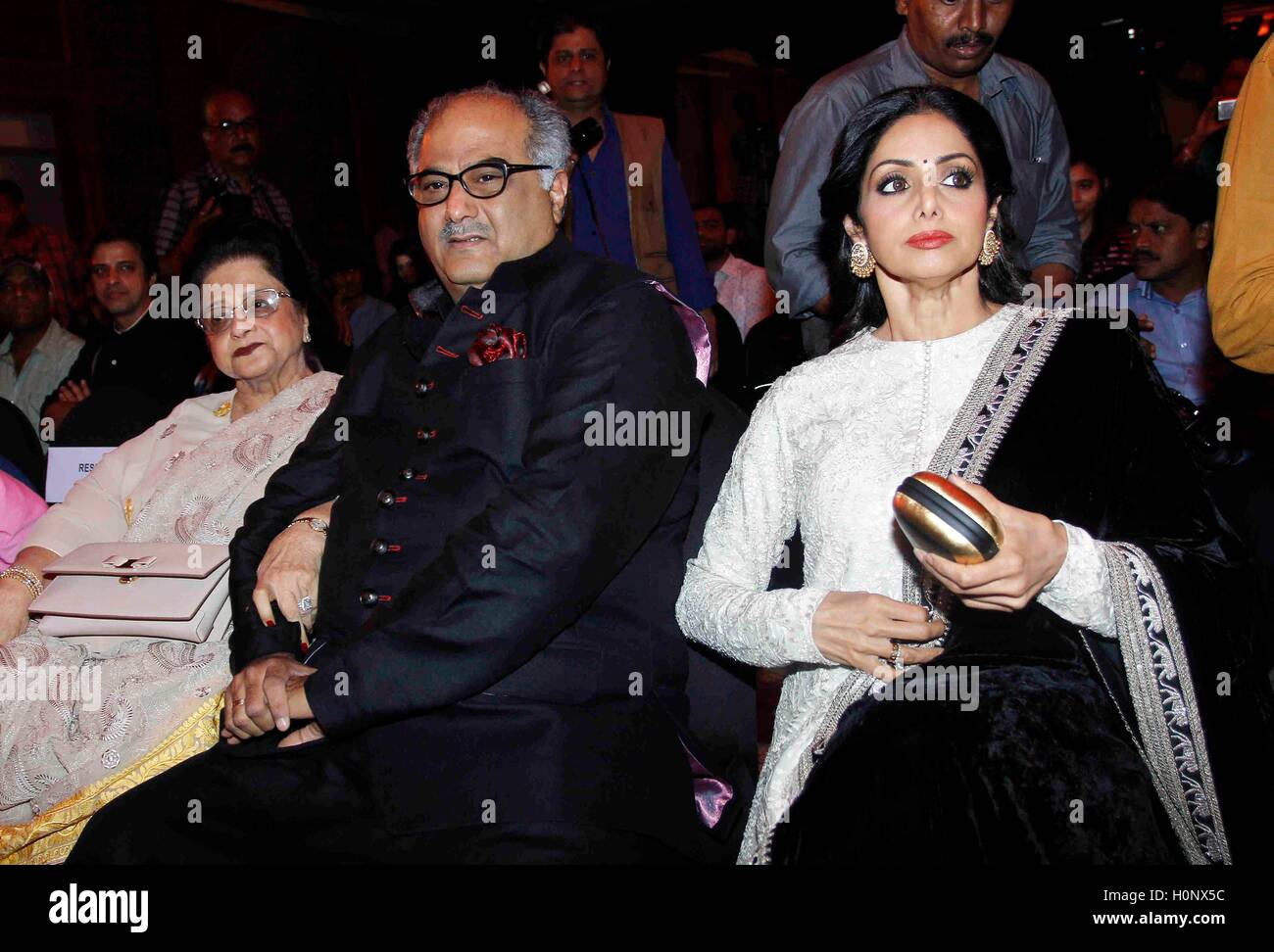 Bollywood filmmaker Boney Kapoor with his mother Nirmal Kapoor, wife and actor Sridevi music launch of film Mirzya Mumbai Stock Photo
