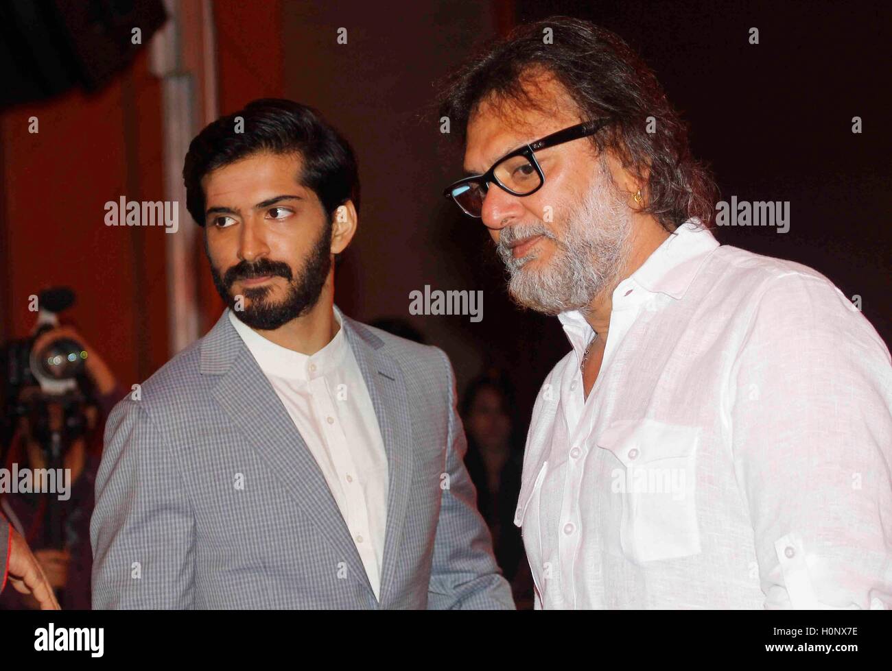 Bollywood filmmaker Rakeysh Omprakash Mehra with actor Harshvardhan Kapoor music launch of film Mirzya in Mumbai Stock Photo