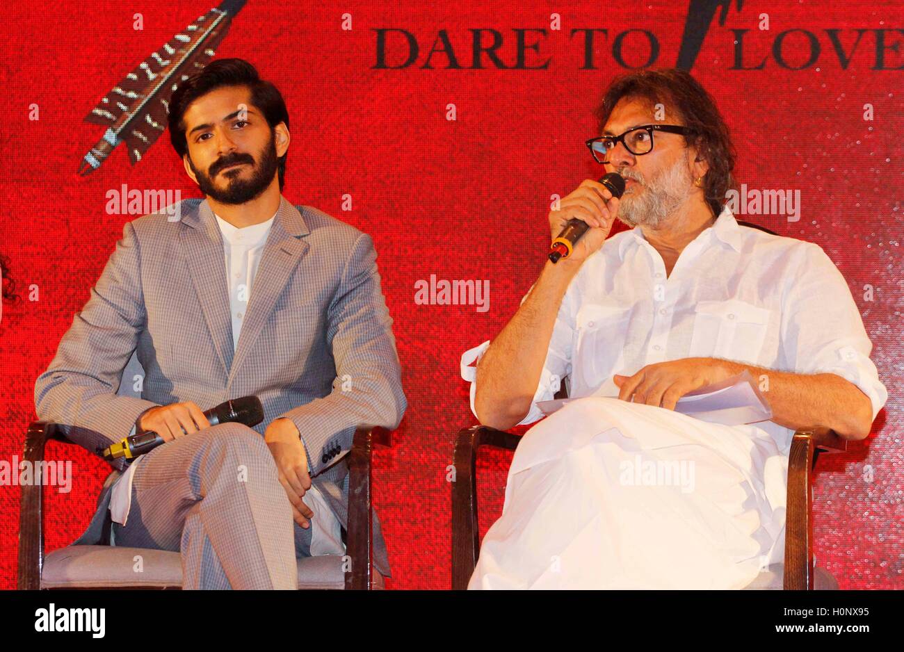 Bollywood filmmaker Rakeysh Omprakash Mehra with actor Harshvardhan Kapoor music launch of film Mirzya in Mumbai Stock Photo