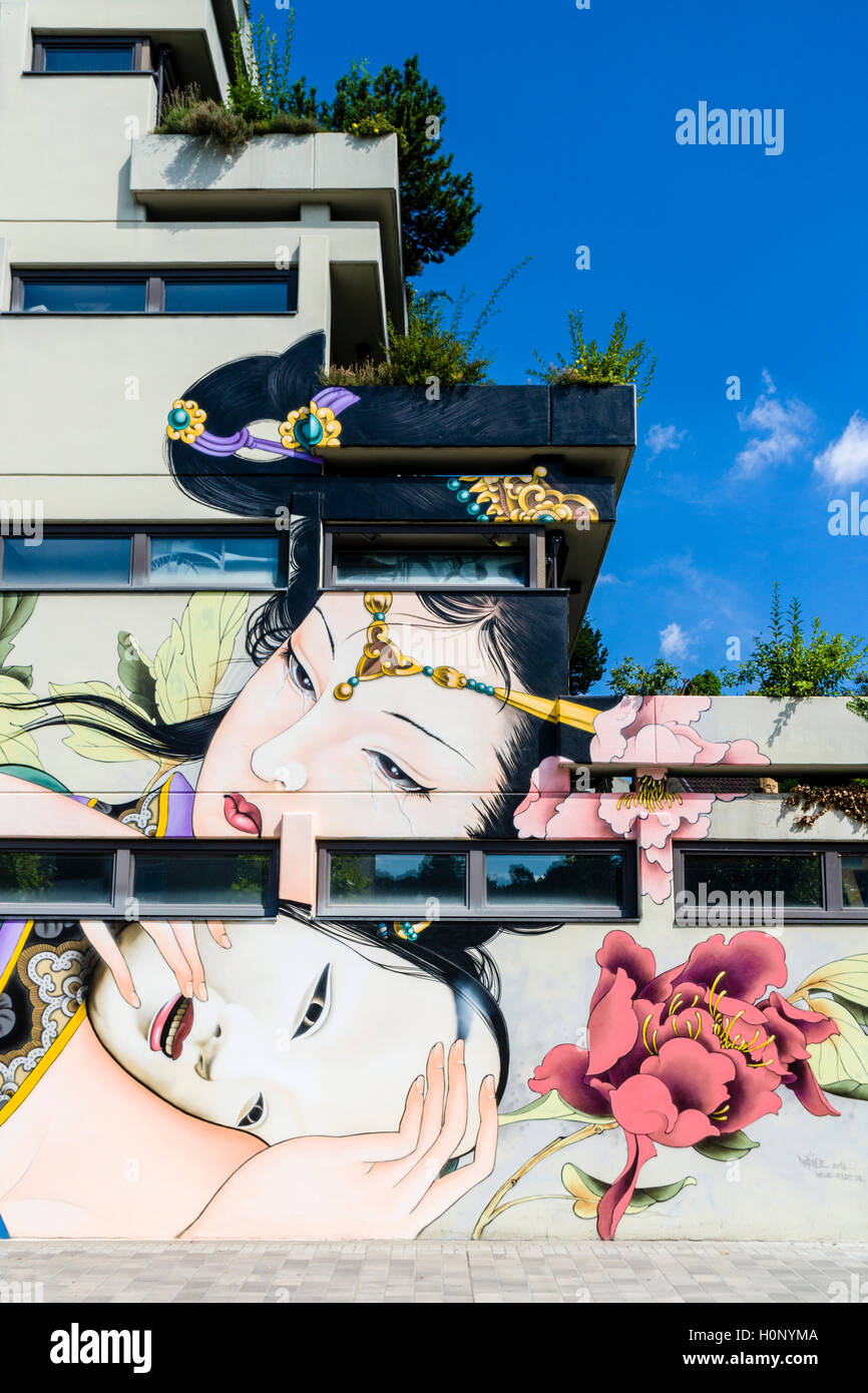 A colorful graffity with japanese motive is painted at a house wall, Würzburg, Bavaria, Germany Stock Photo