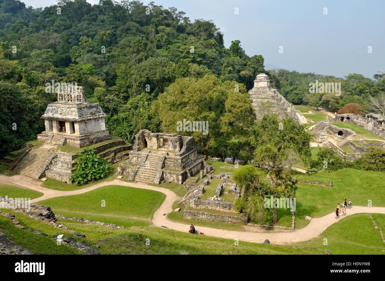 View with Temple Templo del Sol, Templo XIV and XV Templo, Templo de las Inscriptiones and El Palacio, Mayan ruins of Palenque Stock Photo