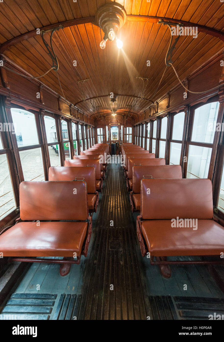 Interior view of tram, tramway museum, Museu do Carro Electrico da Cidade do Porto, Porto, Portugal Stock Photo